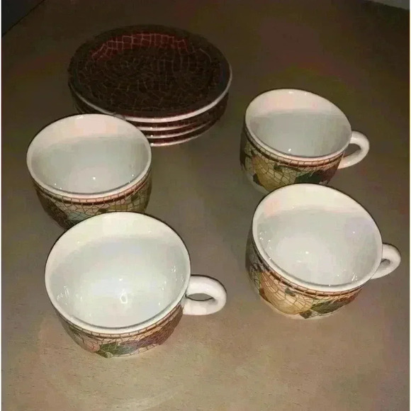 Set of 4 Vintage "Mosaic Fruit" Cups and Saucers~Italy~Pier 1 TUSCAN Red Crackle - Picture 7 of 12